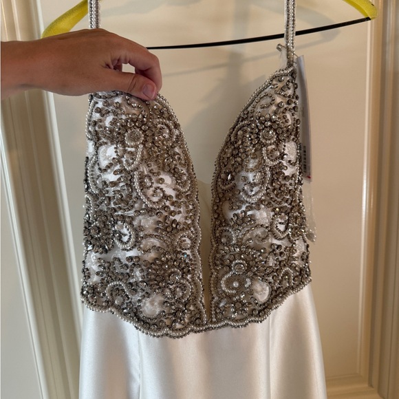 White Satin Gown with Silver Embellished Bodice - Picture 5 of 8